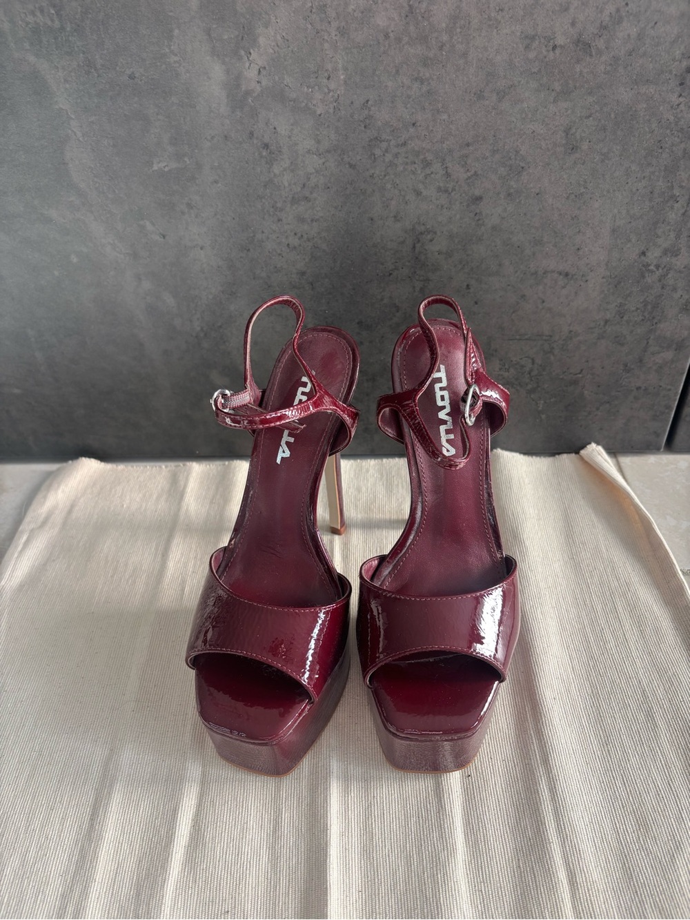 Novus Patent Platform Slingback Heels in Deep Wine/Burgundy